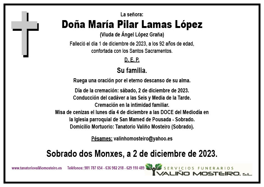 Esquela de María Pilar Lamas López.